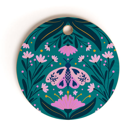 Angela Minca Folk Art Moth Pink Teal Cutting Board Round