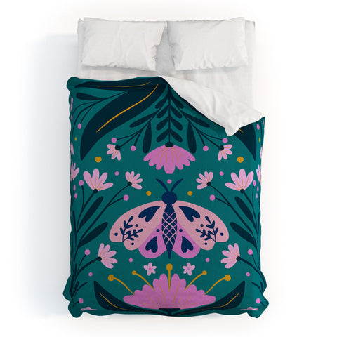 Angela Minca Folk Art Moth Pink Teal Duvet Cover