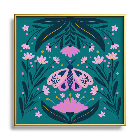 Angela Minca Folk Art Moth Pink Teal Square Metal Framed Art Print