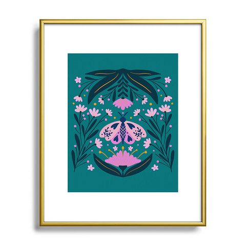 Angela Minca Folk Art Moth Pink Teal Metal Framed Art Print