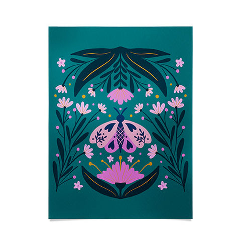 Angela Minca Folk Art Moth Pink Teal Poster