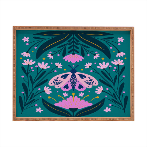 Angela Minca Folk Art Moth Pink Teal Rectangular Tray
