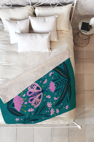 Angela Minca Folk Art Moth Pink Teal Fleece Throw Blanket