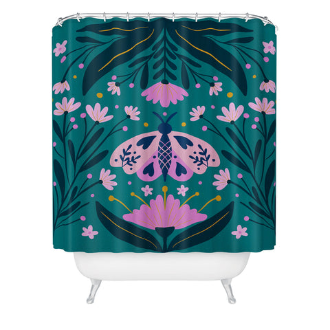Angela Minca Folk Art Moth Pink Teal Shower Curtain