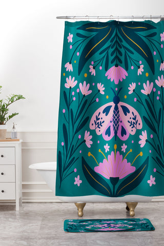 Angela Minca Folk Art Moth Pink Teal Shower Curtain And Mat