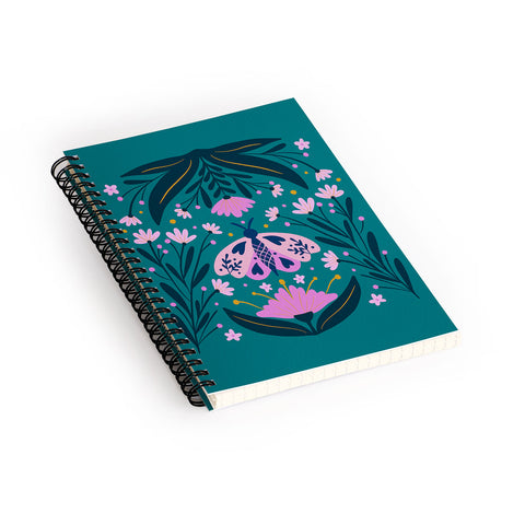 Angela Minca Folk Art Moth Pink Teal Spiral Notebook
