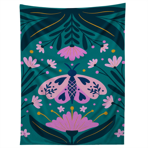 Angela Minca Folk Art Moth Pink Teal Tapestry