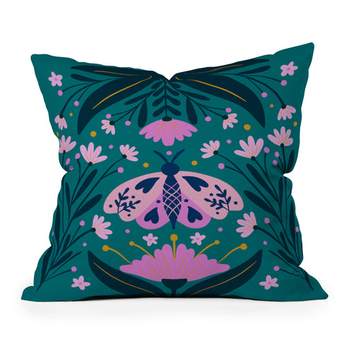 Angela Minca Folk Art Moth Pink Teal Throw Pillow