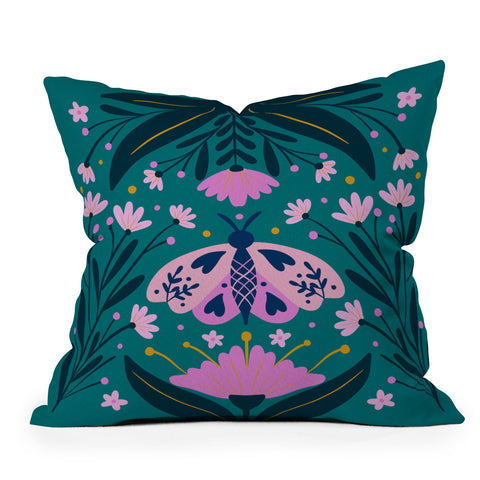 Angela Minca Folk Art Moth Pink Teal Outdoor Throw Pillow