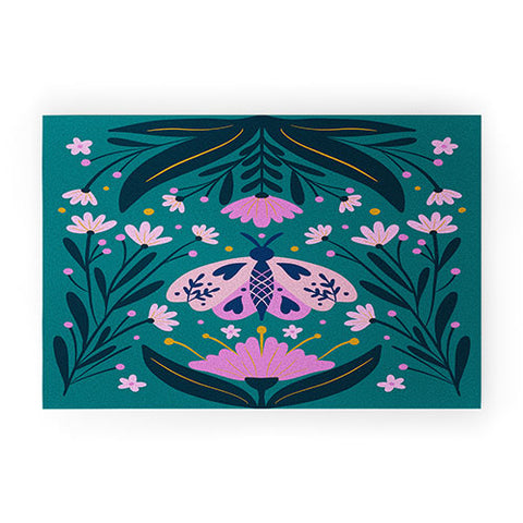 Angela Minca Folk Art Moth Pink Teal Welcome Mat