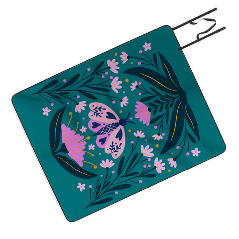Angela Minca Folk Art Moth Pink Teal Picnic Blanket