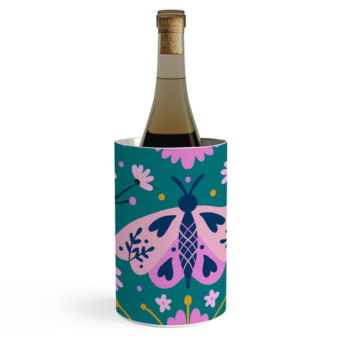 Angela Minca Folk Art Moth Pink Teal Wine Chiller