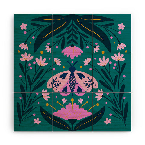 Angela Minca Folk Art Moth Pink Teal Wood Wall Mural