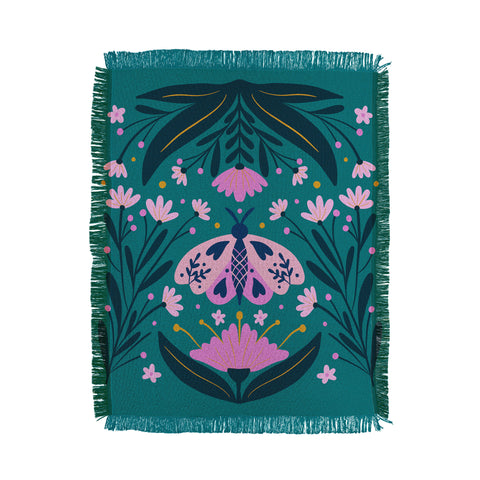 Angela Minca Folk Art Moth Pink Teal Throw Blanket