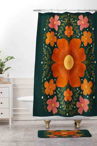 Angela Minca Forest flowers green orange Shower Curtain And Mat