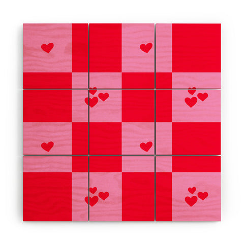 Angela Minca Grid pattern hearts Wood Wall Mural