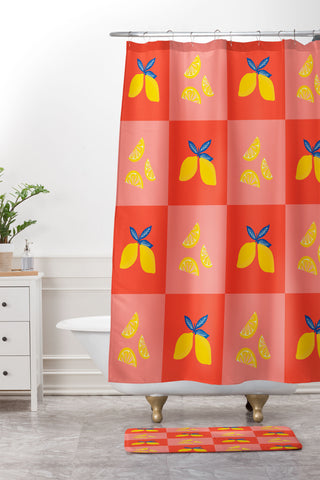 Angela Minca Lemon squares Shower Curtain And Mat