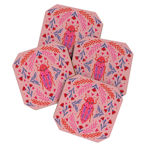 Angela Minca Lovebug pink and red Coaster Set