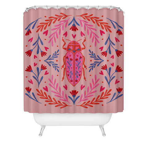 Angela Minca Lovebug pink and red Shower Curtain