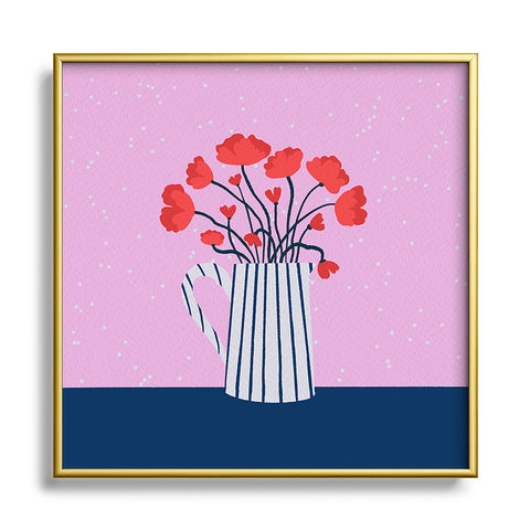 Angela Minca Poppies pink and blue Square Metal Framed Art Print
