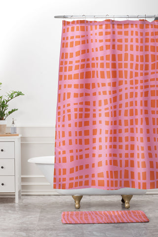 Angela Minca Retro grid orange and pink Shower Curtain And Mat