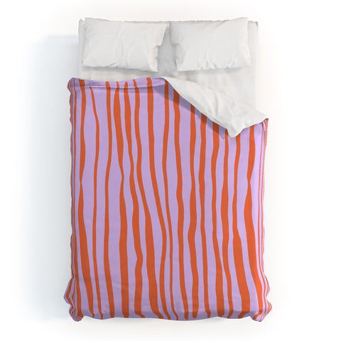 Angela Minca Retro wavy lines orange violet Duvet Cover