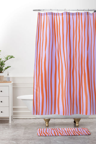 Angela Minca Retro wavy lines orange violet Shower Curtain And Mat