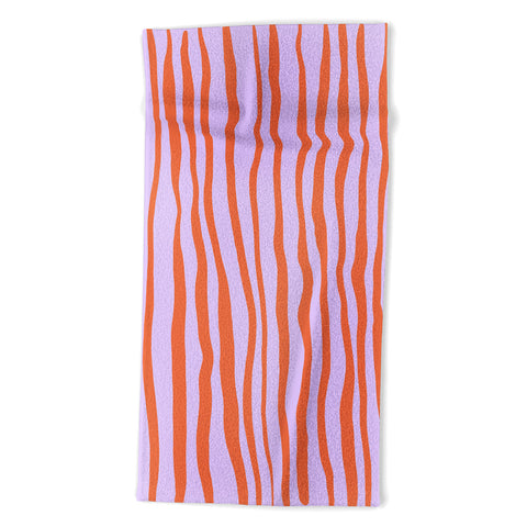 Angela Minca Retro wavy lines orange violet Beach Towel