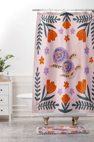 Angela Minca Snails and flowers Shower Curtain And Mat