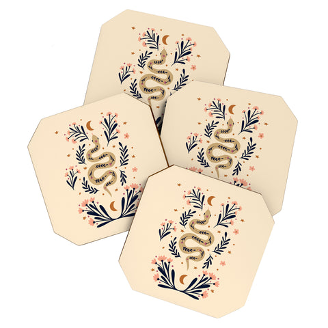 Angela Minca Snake and flowers beige indigo Coaster Set