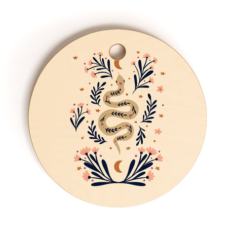 Angela Minca Snake and flowers beige indigo Cutting Board Round