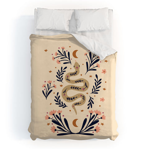 Angela Minca Snake and flowers beige indigo Duvet Cover
