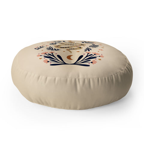 Angela Minca Snake and flowers beige indigo Floor Pillow Round
