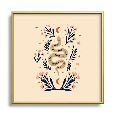 Angela Minca Snake and flowers beige indigo Square Metal Framed Art Print