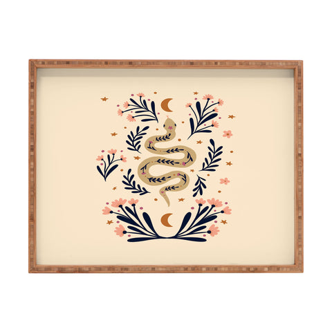 Angela Minca Snake and flowers beige indigo Rectangular Tray