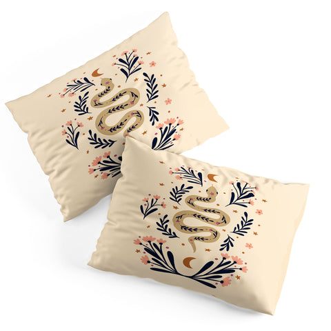 Angela Minca Snake and flowers beige indigo Pillow Shams