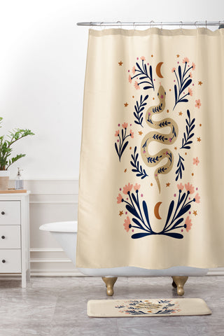 Angela Minca Snake and flowers beige indigo Shower Curtain And Mat