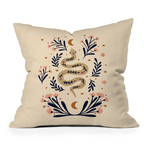 Angela Minca Snake and flowers beige indigo Throw Pillow