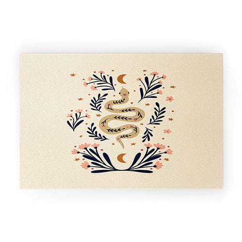 Angela Minca Snake and flowers beige indigo Welcome Mat