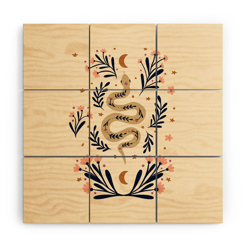 Angela Minca Snake and flowers beige indigo Wood Wall Mural
