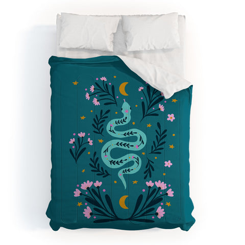 Angela Minca Snake and flowers turquoise Comforter