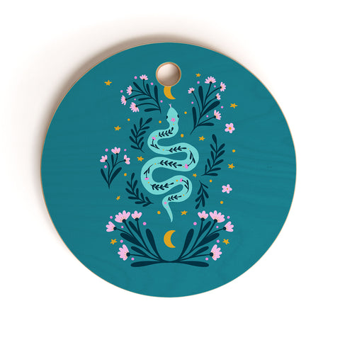 Angela Minca Snake and flowers turquoise Cutting Board Round