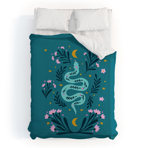Angela Minca Snake and flowers turquoise Duvet Cover
