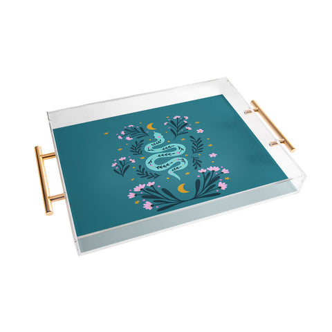 Angela Minca Snake and flowers turquoise Acrylic Tray