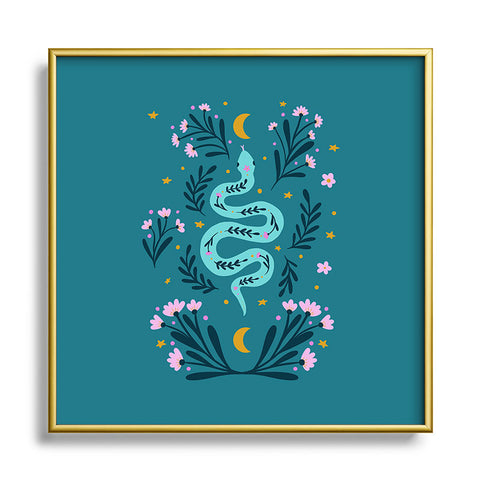 Angela Minca Snake and flowers turquoise Square Metal Framed Art Print