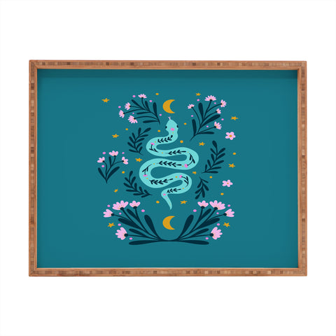 Angela Minca Snake and flowers turquoise Rectangular Tray
