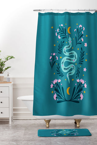 Angela Minca Snake and flowers turquoise Shower Curtain And Mat