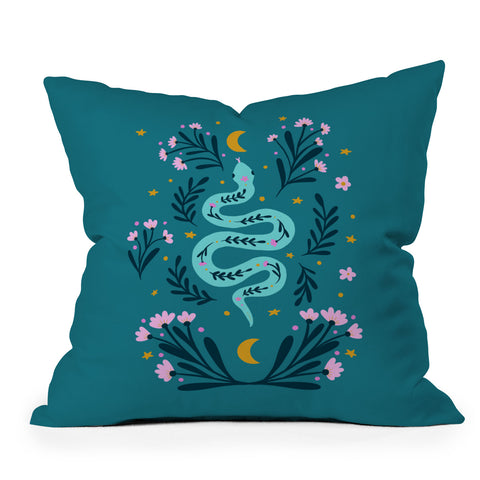 Angela Minca Snake and flowers turquoise Throw Pillow