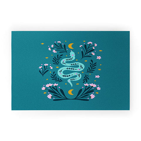Angela Minca Snake and flowers turquoise Welcome Mat