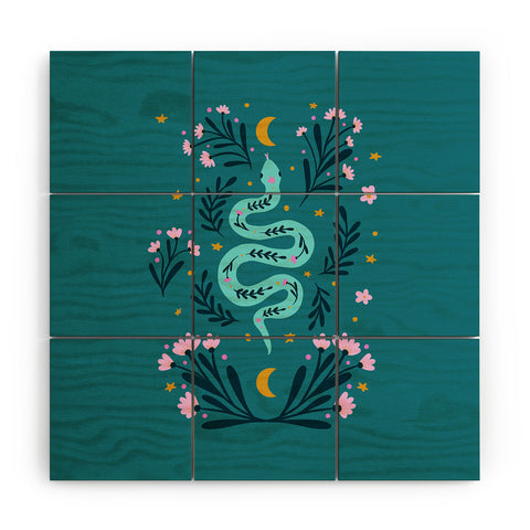 Angela Minca Snake and flowers turquoise Wood Wall Mural